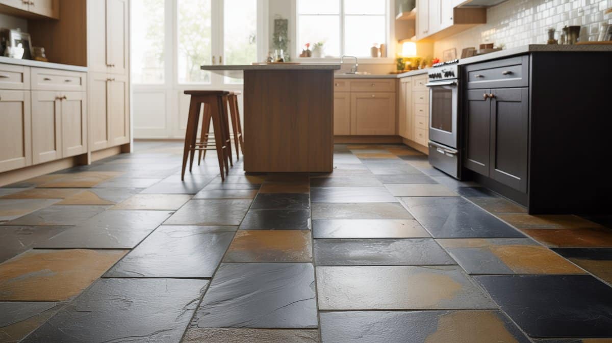 Charcoal and tan slate tiles in a bright sunlit kitchen