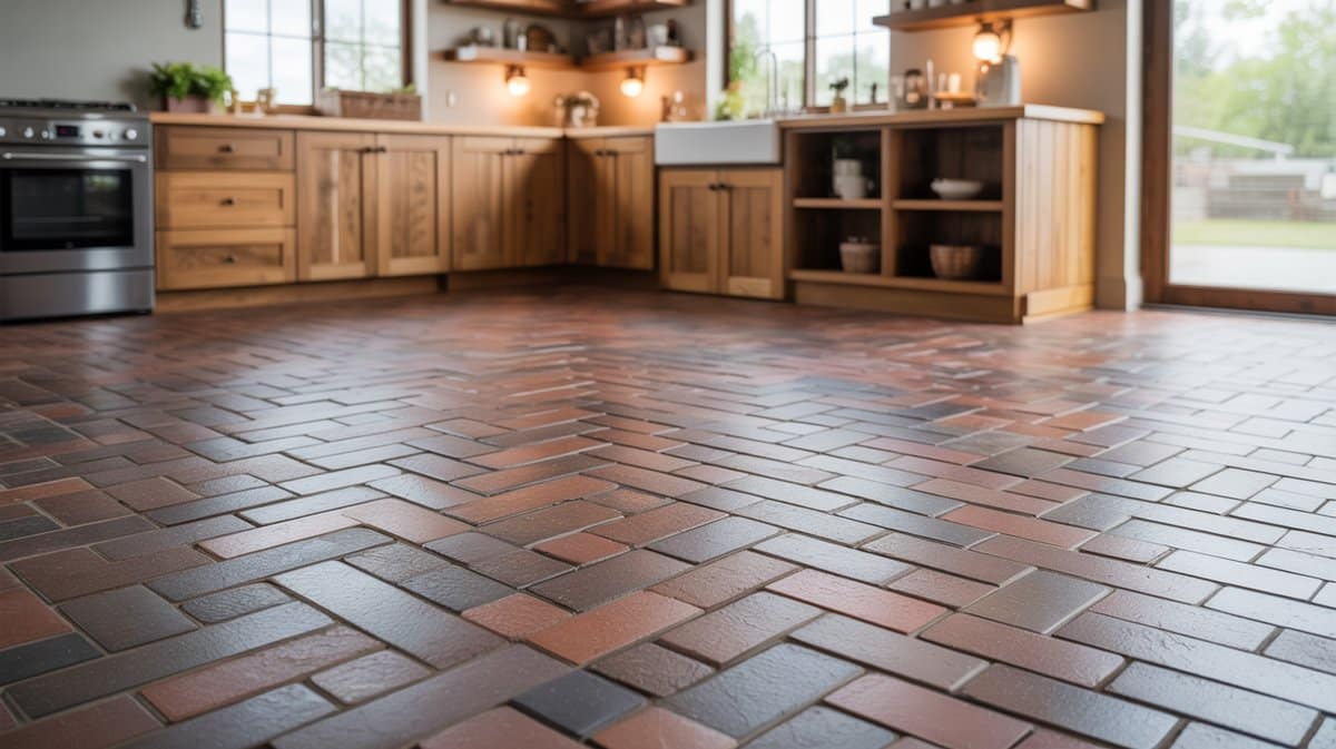 Red brick paver flooring in herringbone through a rustic wood kitchen