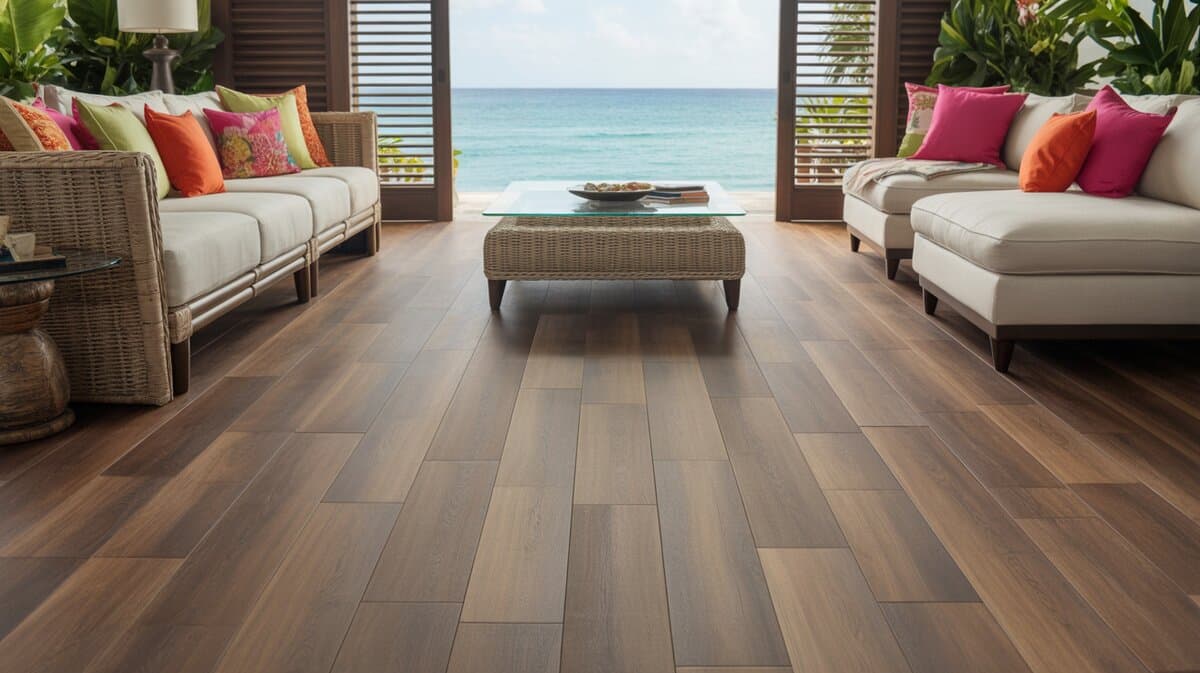 Walnut laminate flooring in tropical living room open to ocean through louvered shutters