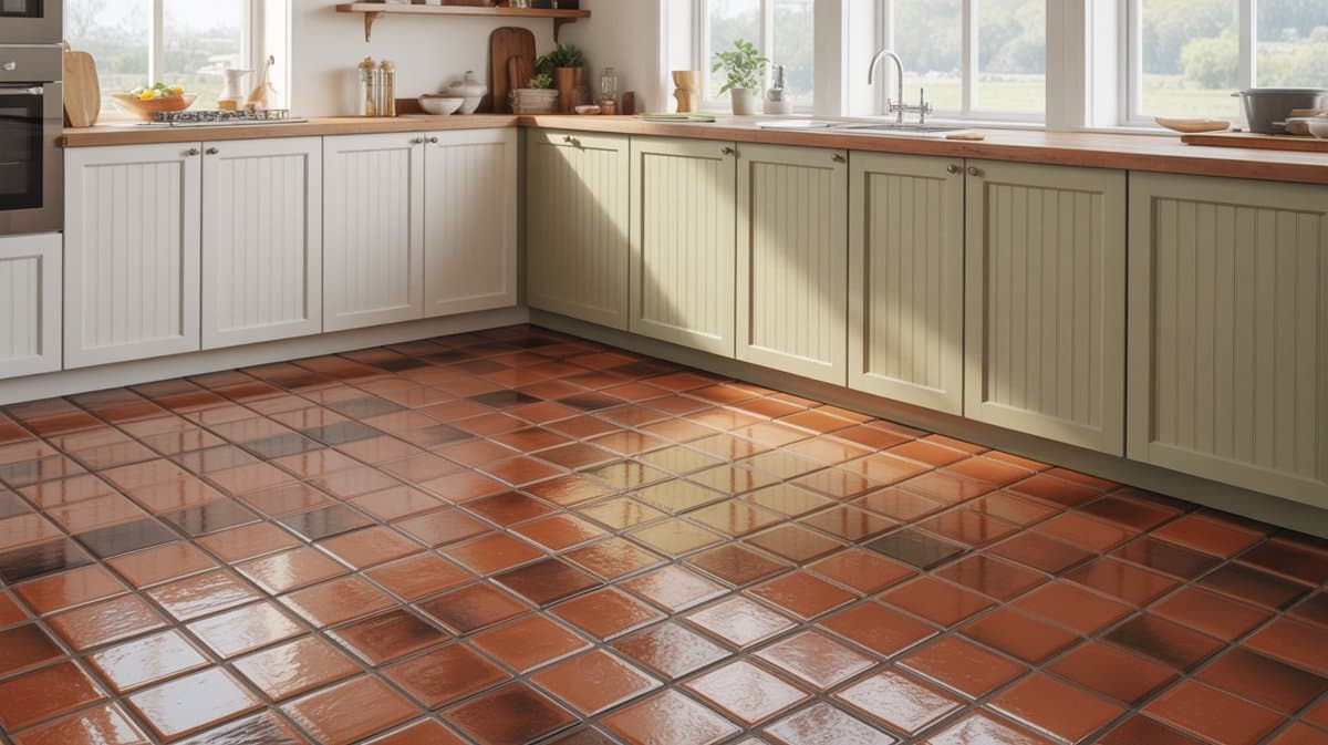 Glossy red orange terracotta tiles with white and sage beadboard cabinets