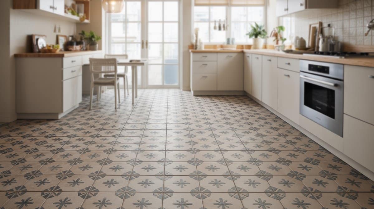 Patterned peel and stick floor tiles in a bright cream kitchen
