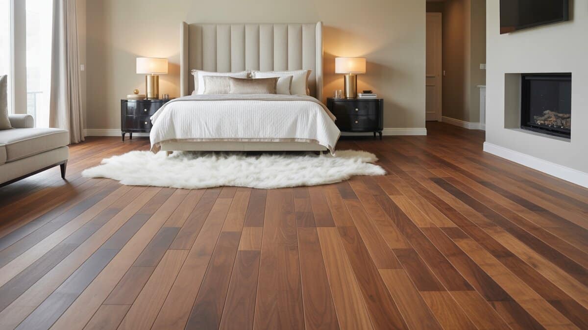 Wide plank American walnut floors in modern master bedroom with linen headboard and fireplace
