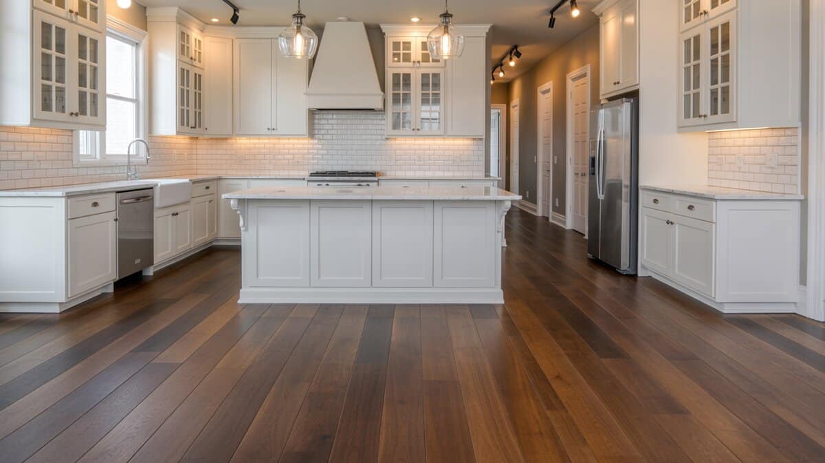 Dark stained walnut floors contrast with all-white shaker kitchen and glass pendant lights