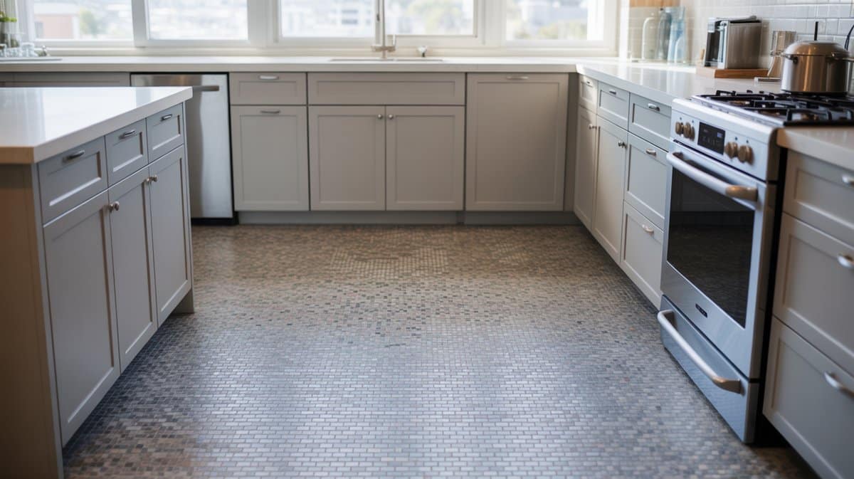 Small multicolored mosaic floor tiles under pale gray kitchen cabinetry