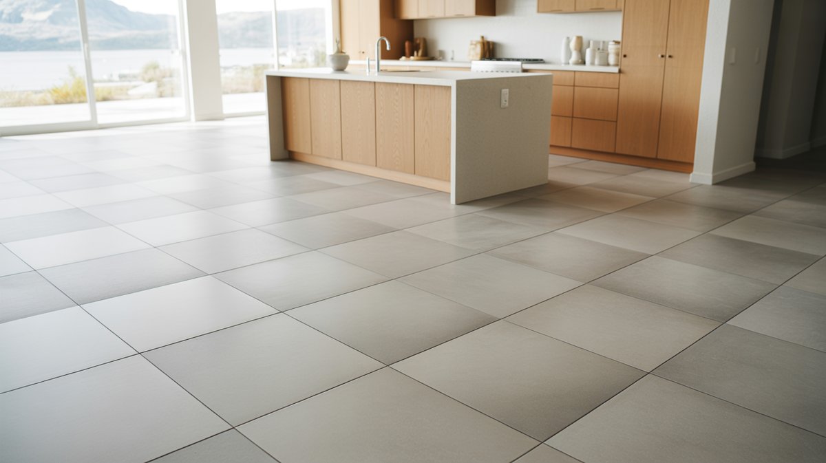 Large light gray porcelain tiles with bleached pale wood cabinetry
