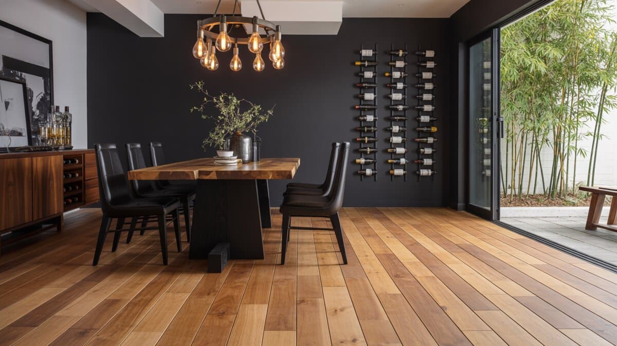 Natural walnut floors in modern dining room with black accent wall and wall-mounted wine rack