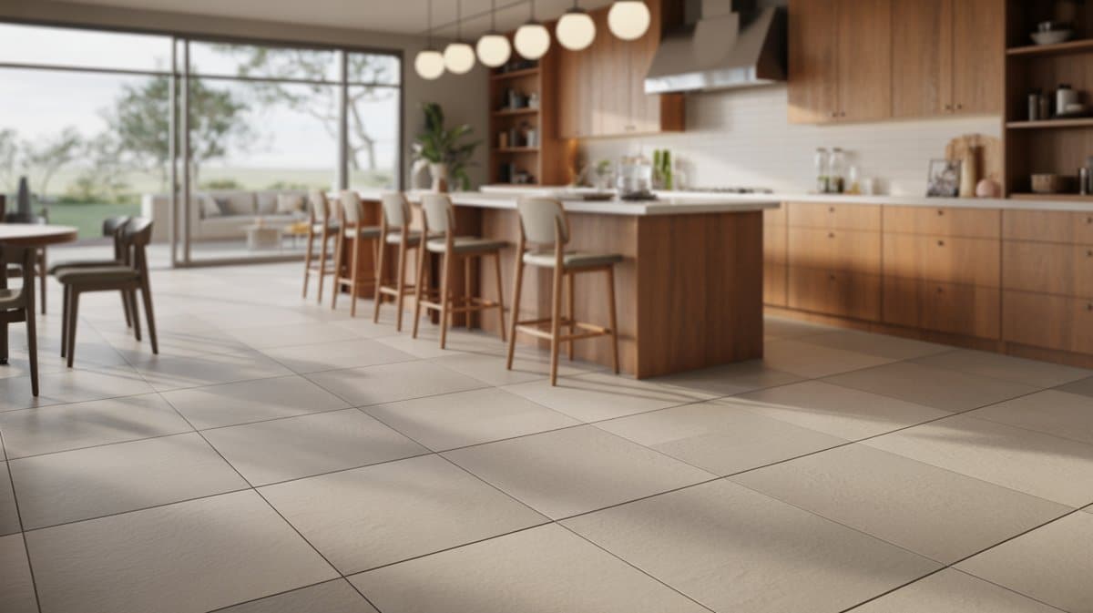 Neutral large tile flooring beneath a row of globe pendant lights