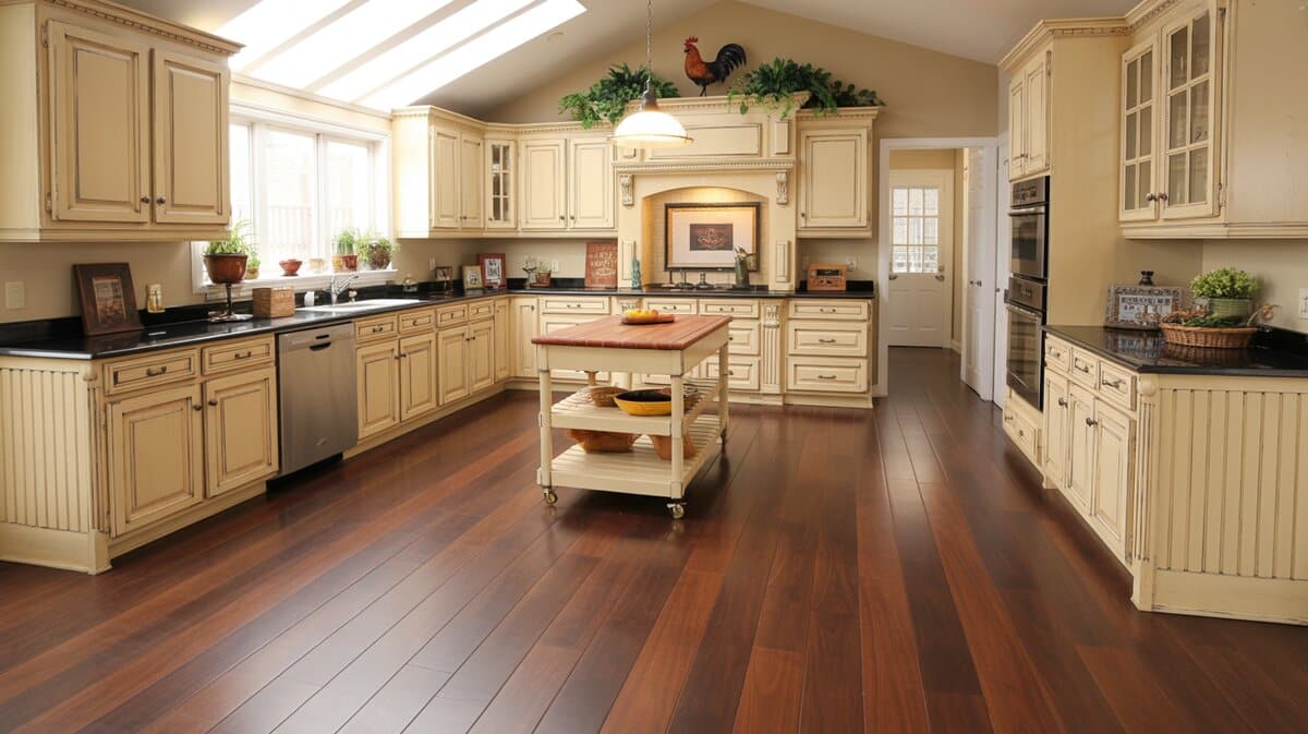 Rich dark walnut floors in traditional cream kitchen with skylights and rolling butcher block cart