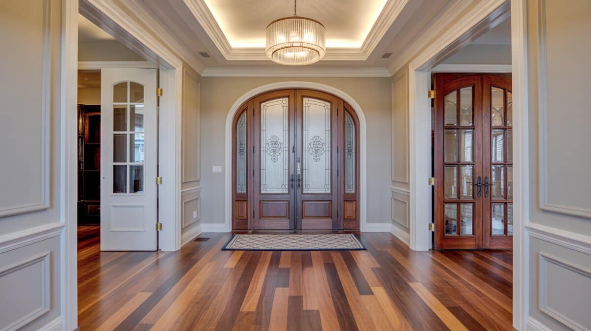 American walnut floors with mixed heartwood grain in grand foyer with arched glass entry doors