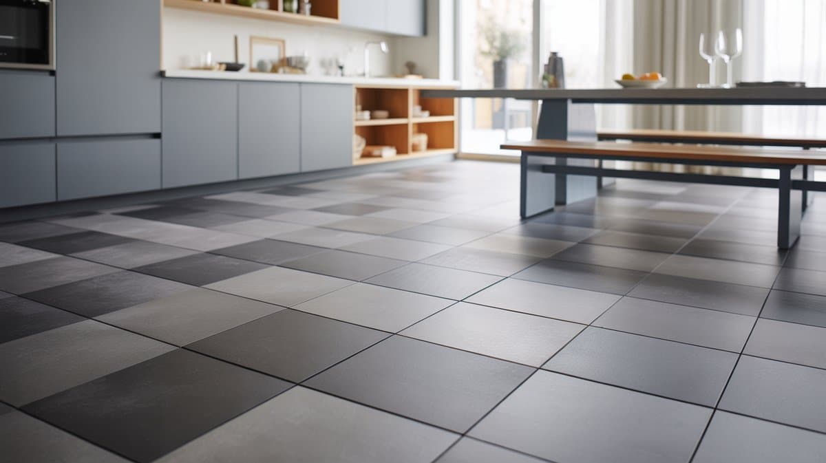 Seamless gray interlocking floor tiles with a built in bench seat