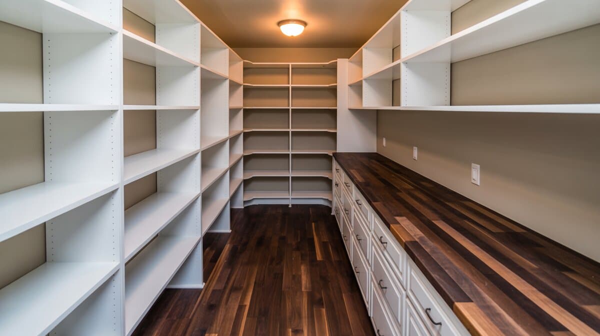 Dark stained walnut floors and walnut butcher block countertop in spacious walk-in pantry