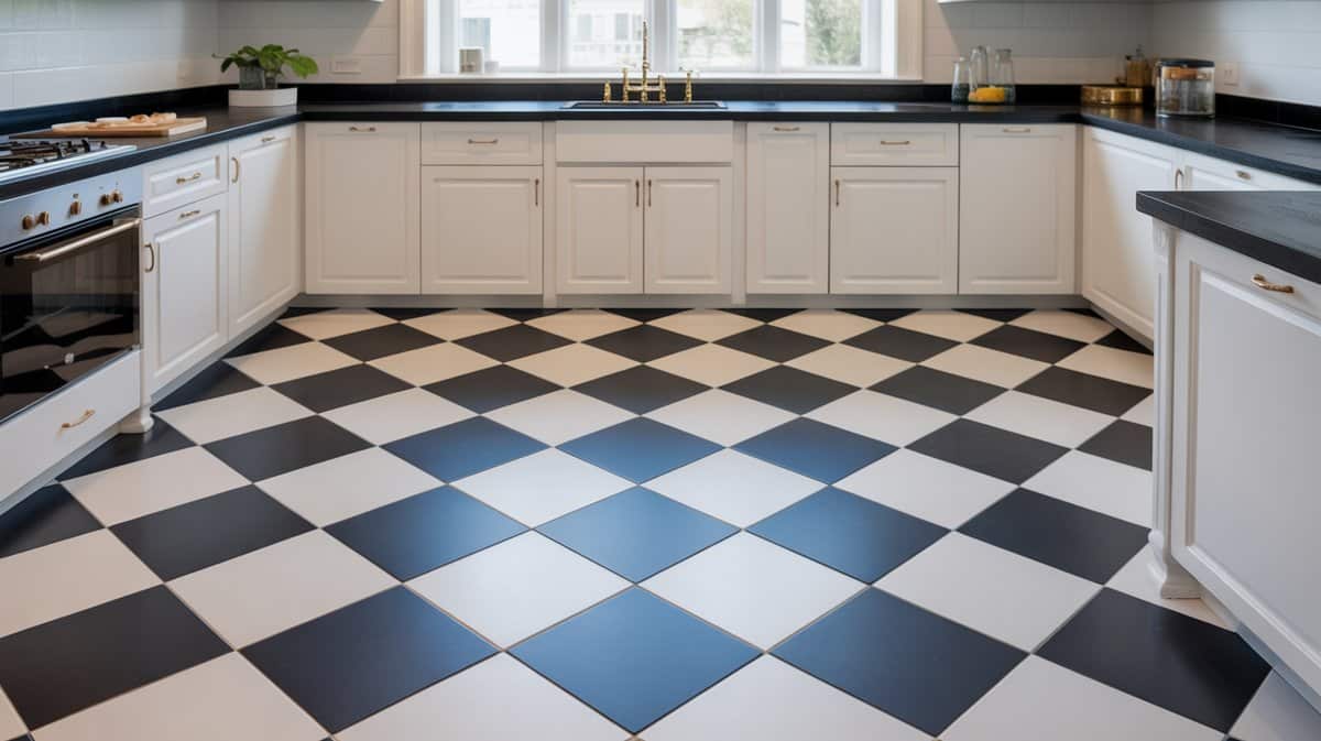 Bold black and white checkerboard floor tiles in a classic kitchen