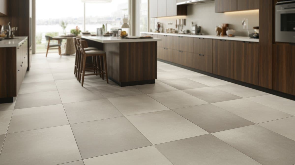 Light greige porcelain tiles with rich dark wood veneer cabinetry