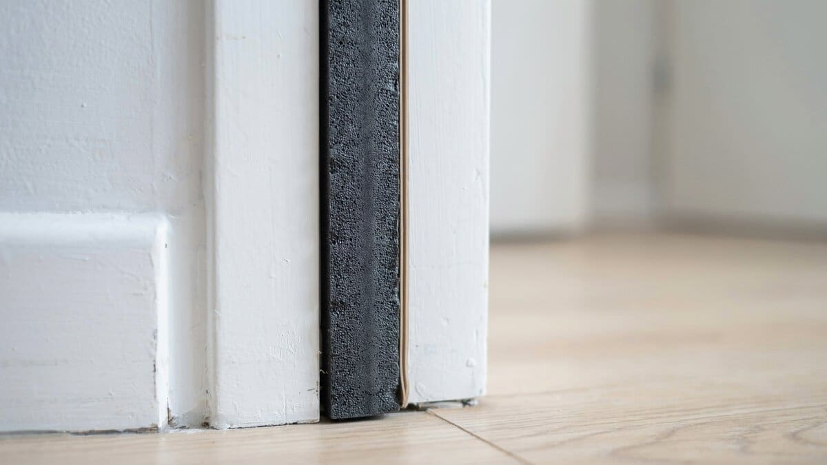 Rubber acoustic gasket seal installed along a white interior door jamb