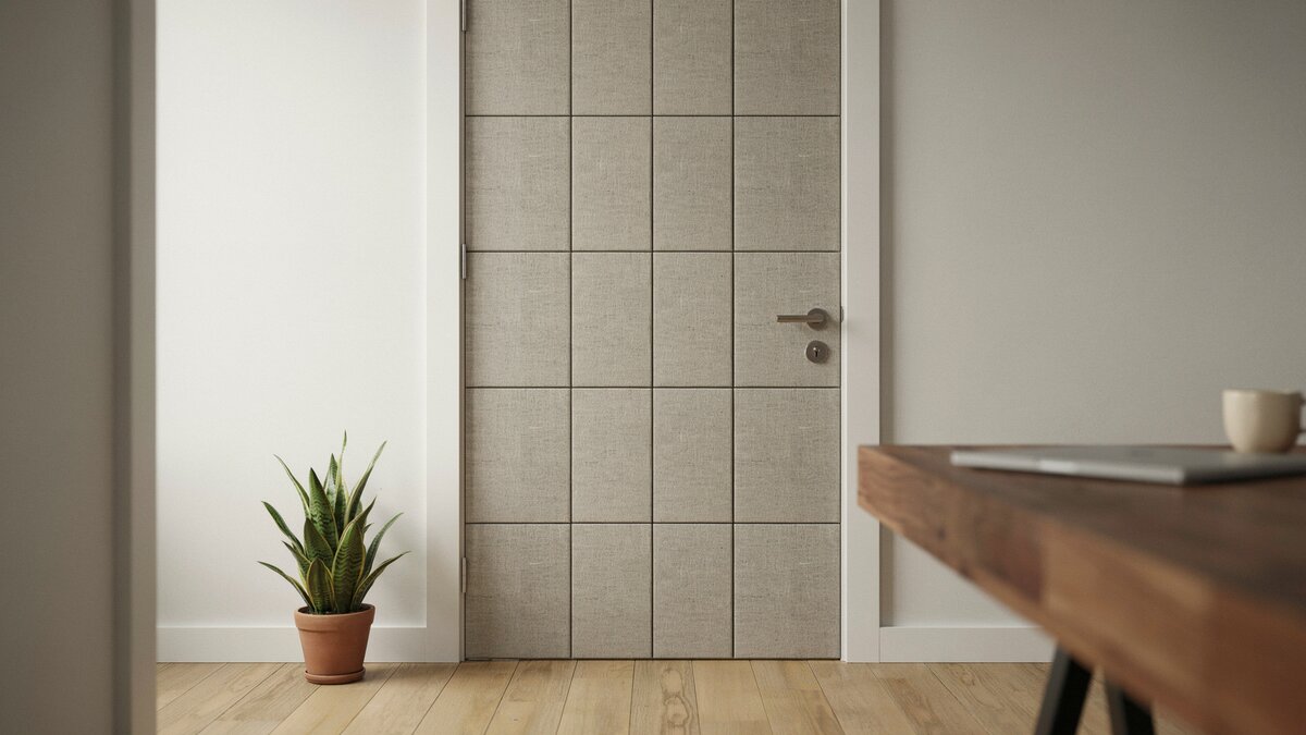 Fabric wrapped acoustic panels mounted on a door beside a wood desk