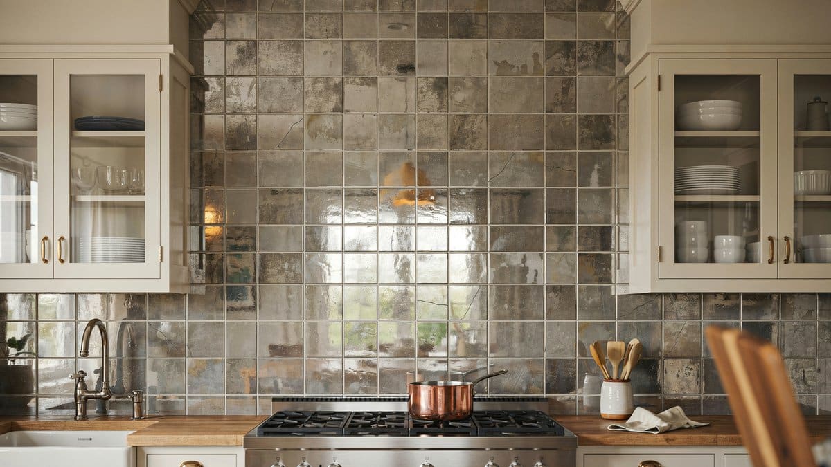 Aged antique mirror tile backsplash with mottled silvering behind a stainless range