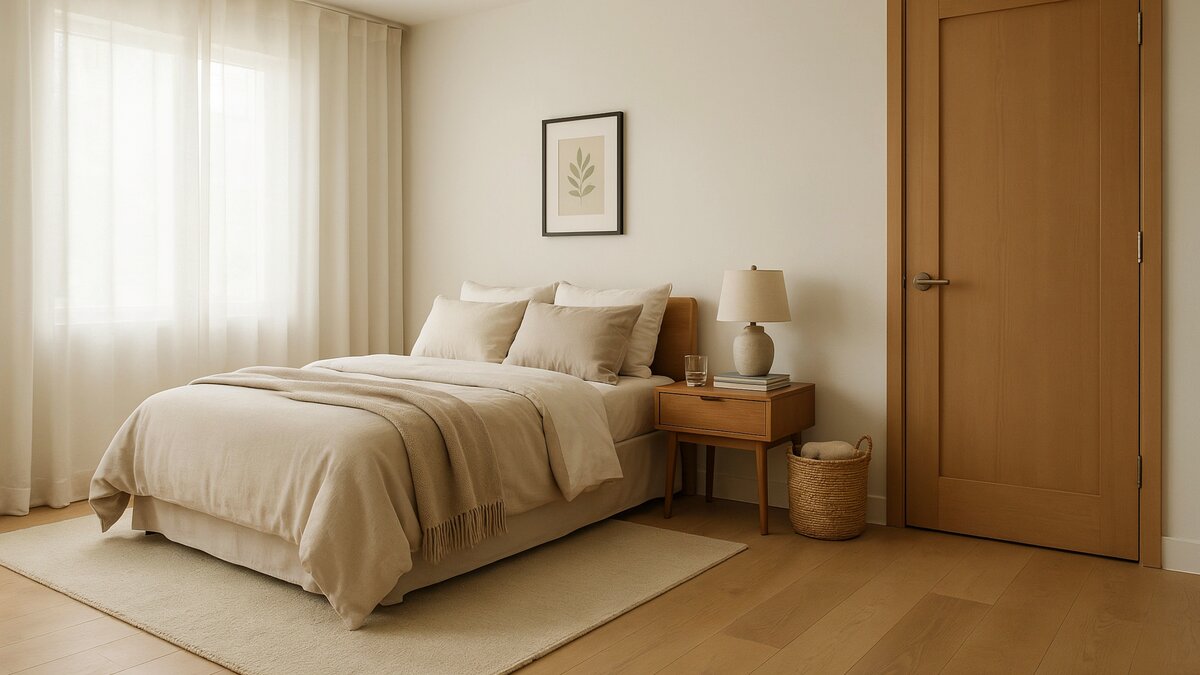 Cozy bedroom with a closed solid wood door and soft neutral bedding