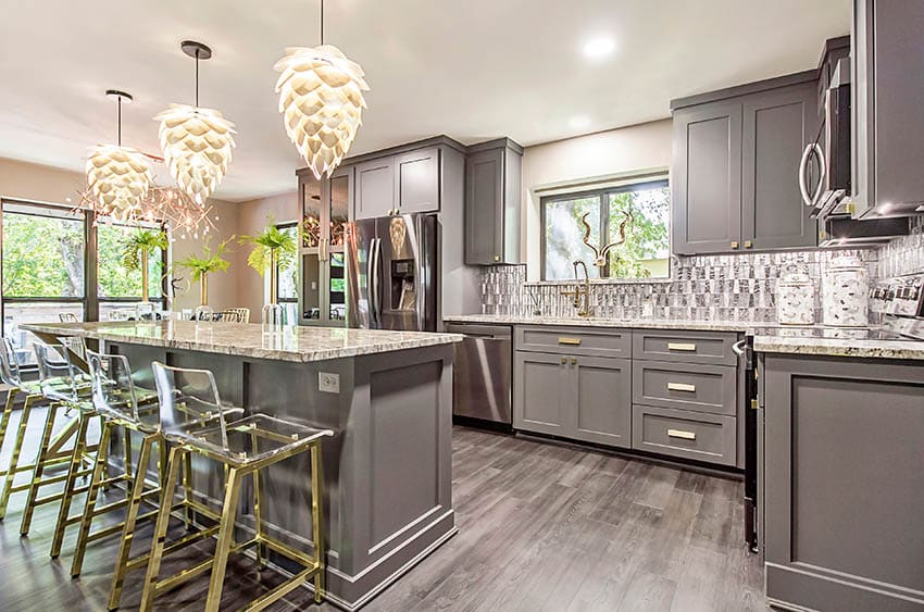 Contemporary kitchen with gray cabinets flower style pendant lights granite countertop