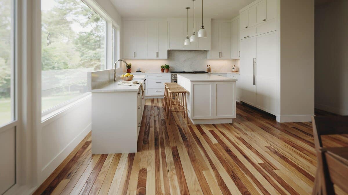 Contemporary white kitchen with hickory engineered hardwood floors showing pale to dark plank variation, island with wood stools and a tall corner window
