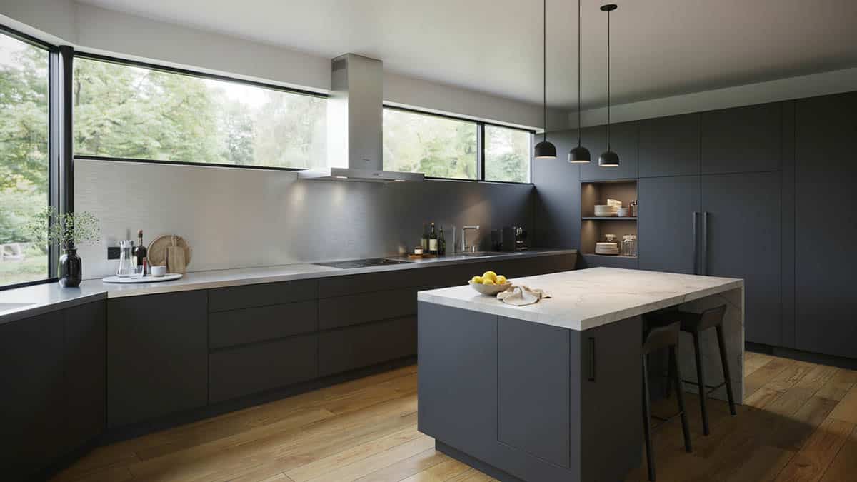 Horizontal stainless panel below window in kitchen