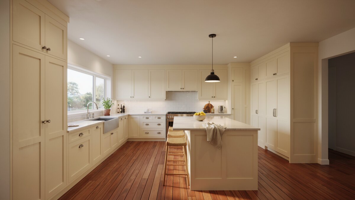 Kitchen with reddish American cherry hardwood flooring, cream cabinets, a tall pantry and a farmhouse sink beneath a window