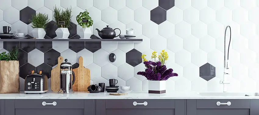 Kitchen with hexagon backsplash