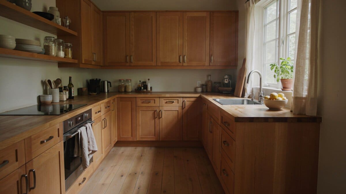 L-shape kitchen with light maple plank flooring, medium wood cabinets, open shelving and a curtained window over the sink