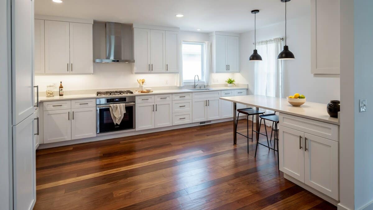 Kitchen with solid bamboo flooring in a dark walnut color, white cabinets, a stainless hood and black pendant lights over the island