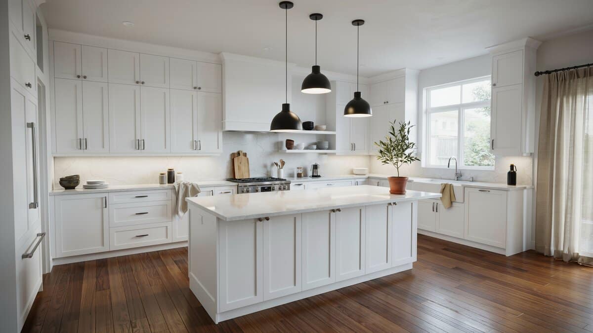 Kitchen with chocolate brown engineered walnut flooring, white cabinets, an open shelf and black pendants above a white island