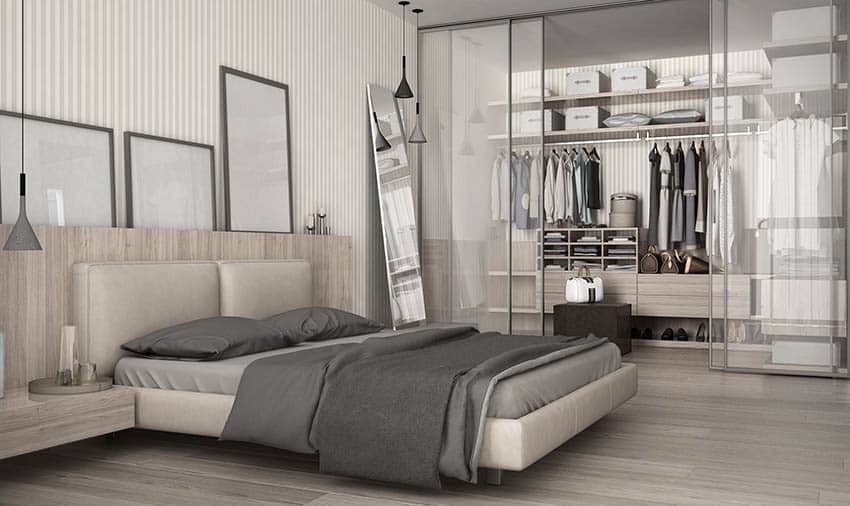 Mens bedroom with glass door closet