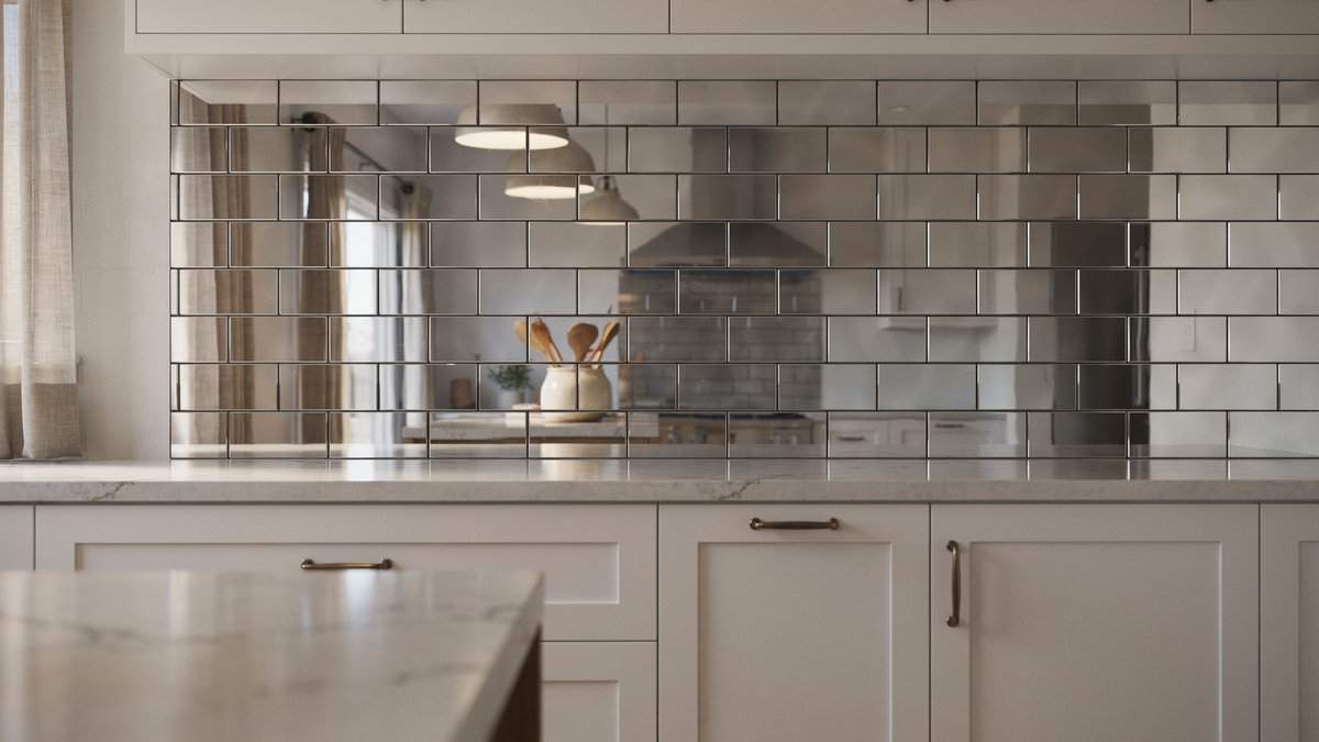 Mirrored subway tile backsplash reflecting a range and cabinets in a cream kitchen