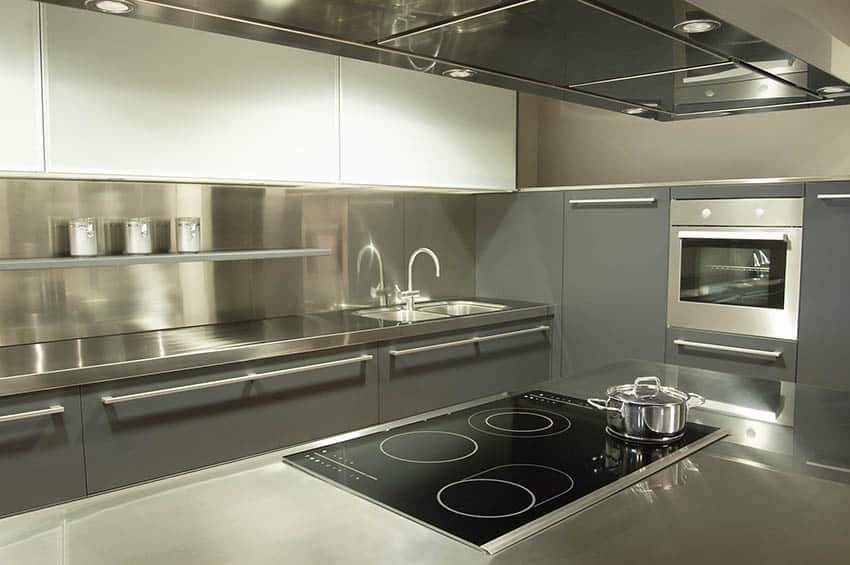 Modern kitchen stainless steel backsplash and countertops