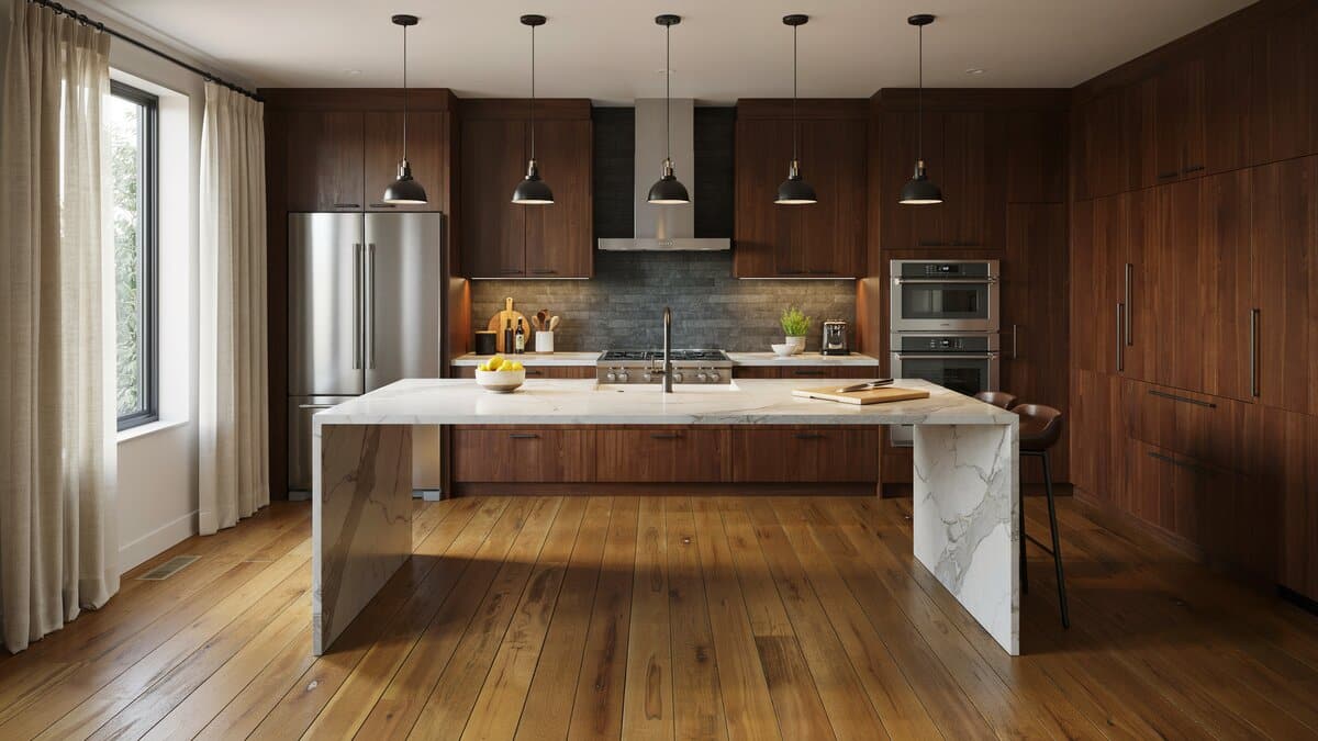 Modern kitchen with golden brown Brazilian teak floors, dark walnut cabinets and a marble waterfall island