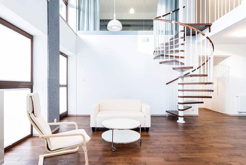 Modern living room with spiral stairs