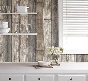 Natural reclaimed wood peel and stick backsplash