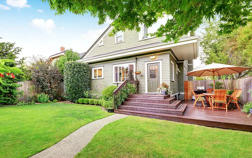 Outdoor wood deck with box stairs