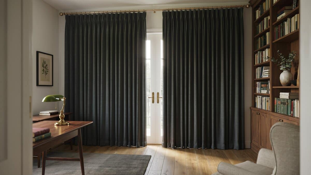 Thick soundproof curtains hung above closed French doors in a home office
