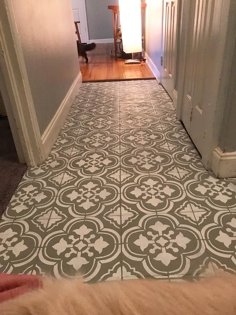 DIY painted floor tile after using stencil