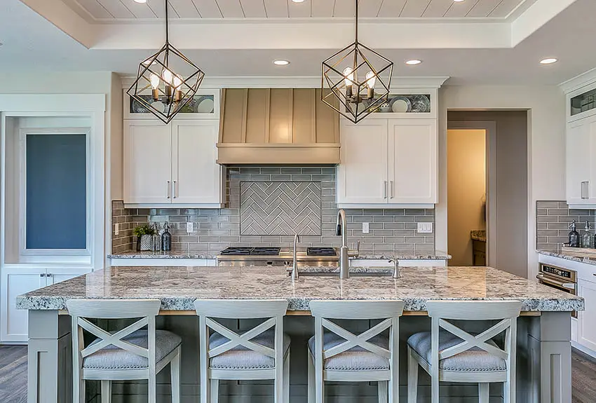 Transitional kitchen with grey tile