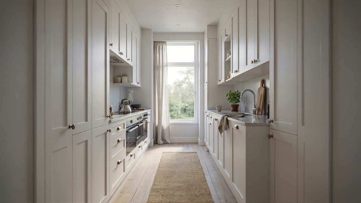White cabinet galley kitchen with pale birch wood flooring, a runner rug and a bright window at the end of the walkway