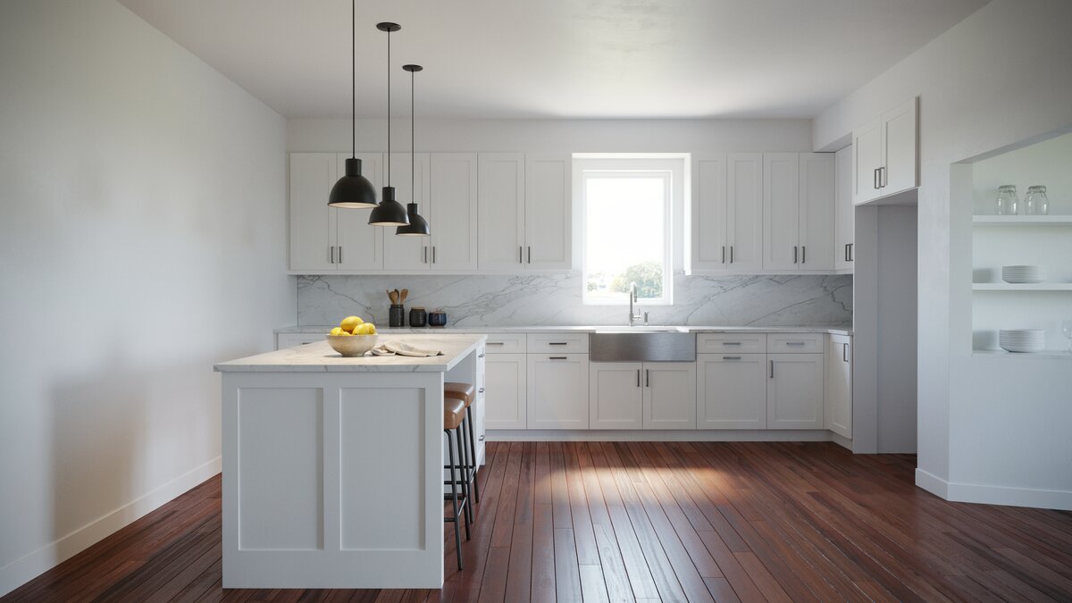 White kitchen with deep reddish Brazilian cherry flooring, a marble backsplash, a small white island and three black pendant lights