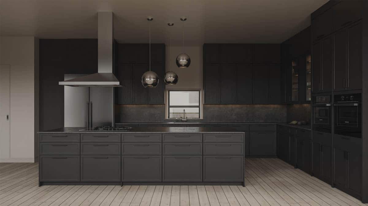 All-black handleless kitchen with silver globe pendant lights over a dark quartz island