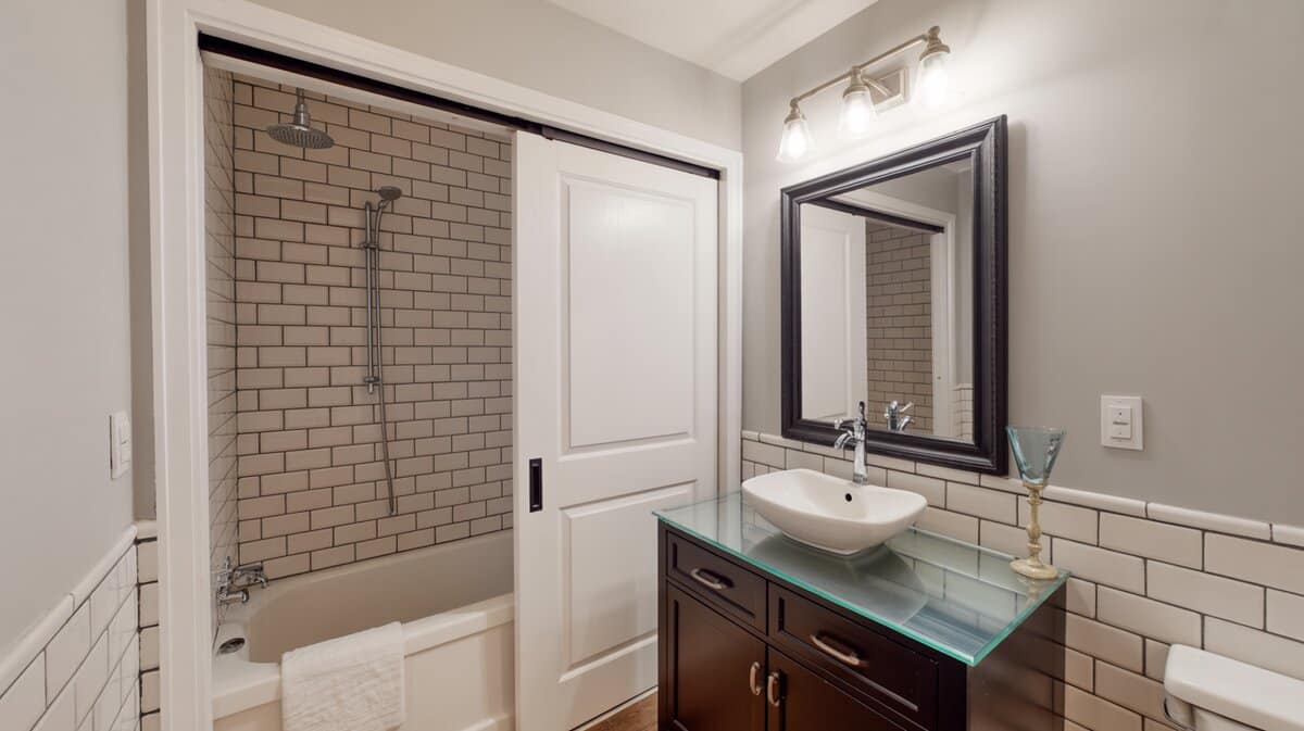 White sliding pocket door open to subway tile shower bathroom with dark espresso vanity and vessel sink