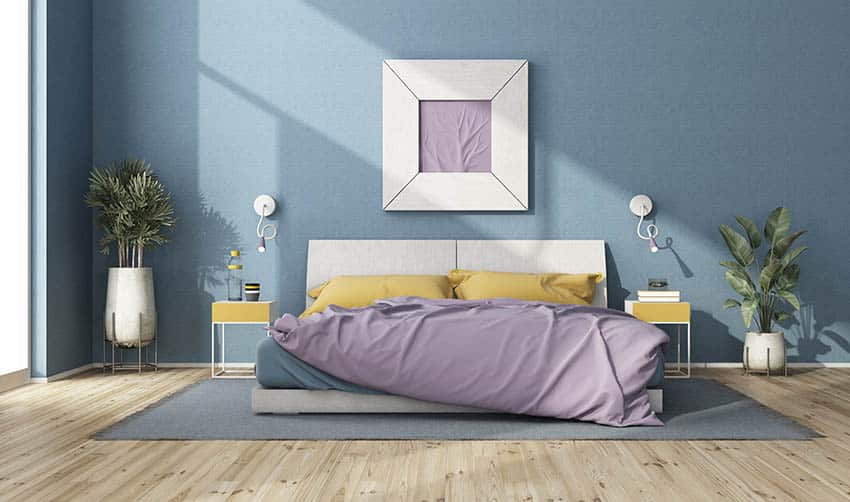 Bedroom pastel blue wall paint light wood floors