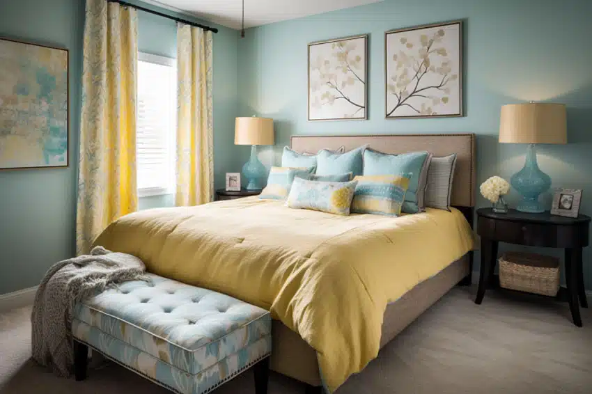 Bedroom with light blue color walls pale yellow decor