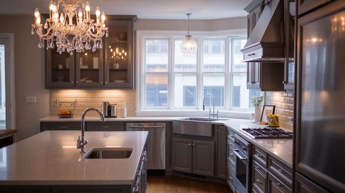 Black shaker kitchen with a corner window sink and a sparkling crystal chandelier above the island