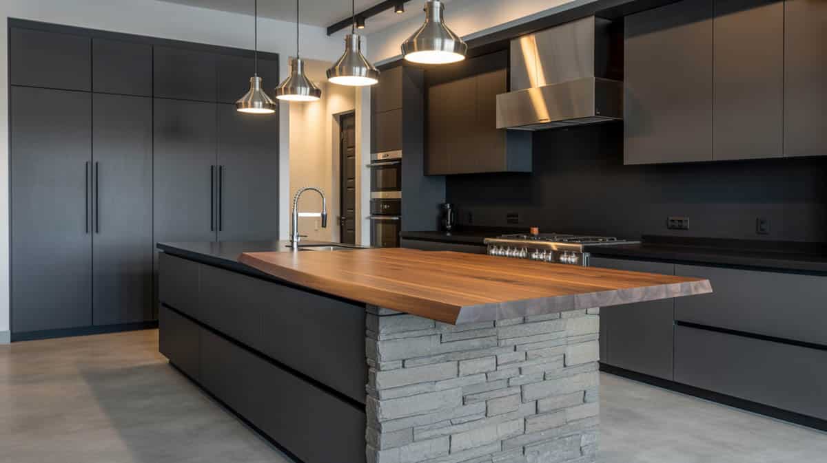 Modern black cabinet kitchen with a warm wood-grain island, stone base, and chrome pendant lighting