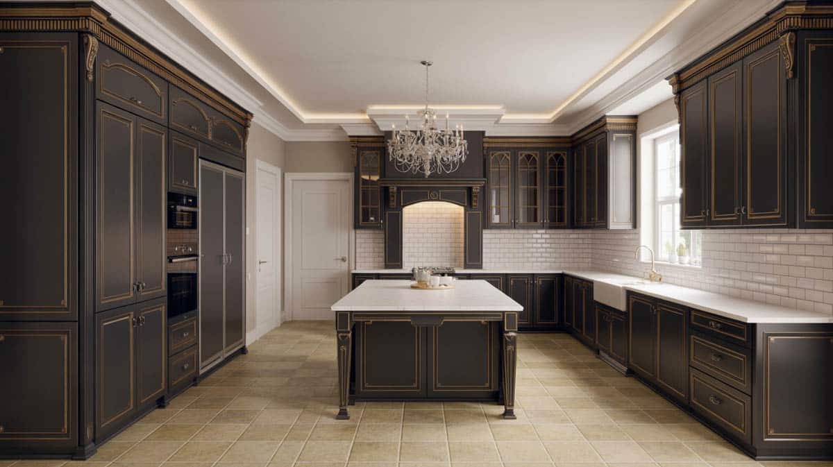 Traditional black raised-panel cabinets with an island and white subway tile backsplash to ceiling