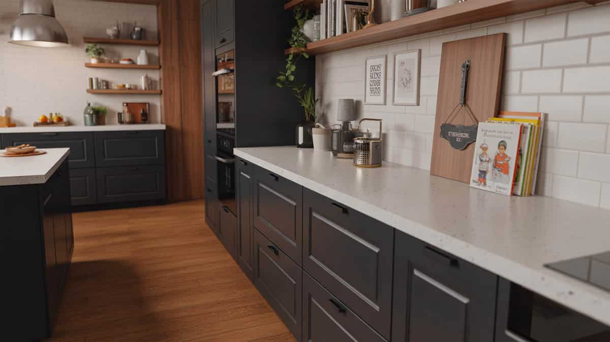 Cozy contemporary kitchen with black flat-panel cabinets and white speckled quartz countertops with personal decor