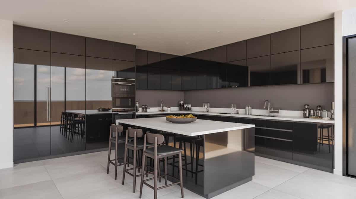 C-shaped kitchen with black high-gloss cabinets, matte white countertops, and a dining peninsula
